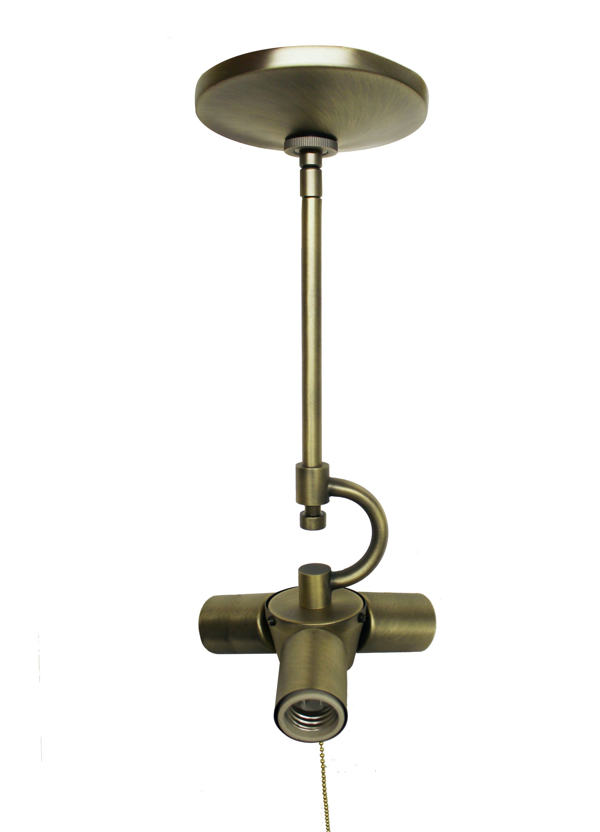 Antique brass pendant light adapter with three sockets and pull chain