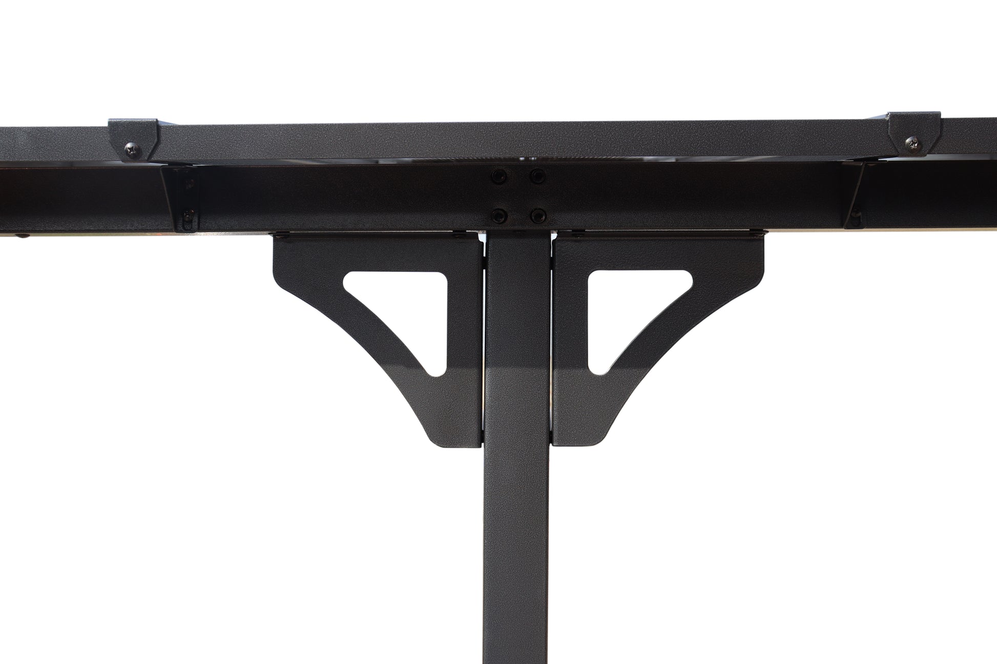 Closeup of black steel metal shelf bracket with textured finish
