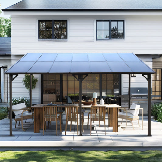 Rectangular metal patio gazebo with polycarbonate roof and outdoor dining set