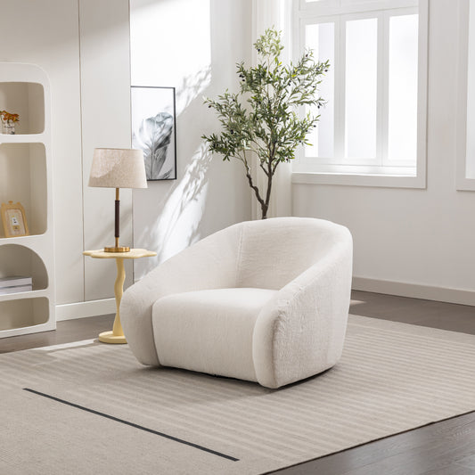 Plush cream armchair with rounded silhouette perfect for cozy living room accents