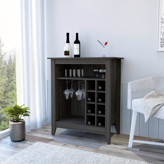 Dark grey wine cabinet with bottle storage and glass racks