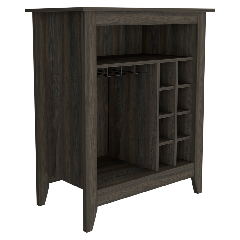 Dark oak wood bar cabinet with builtin wine racks and glass holder