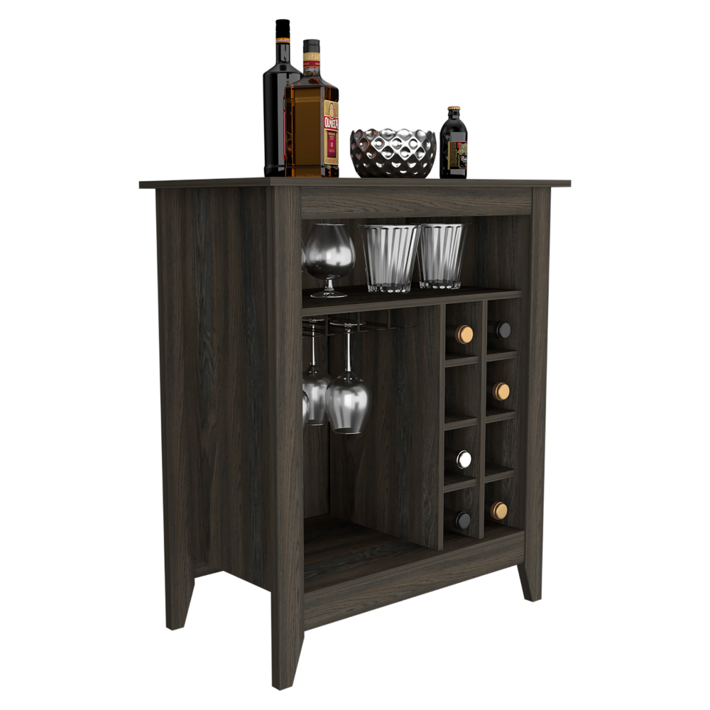Dark wood bar cabinet with wine rack and glass holders