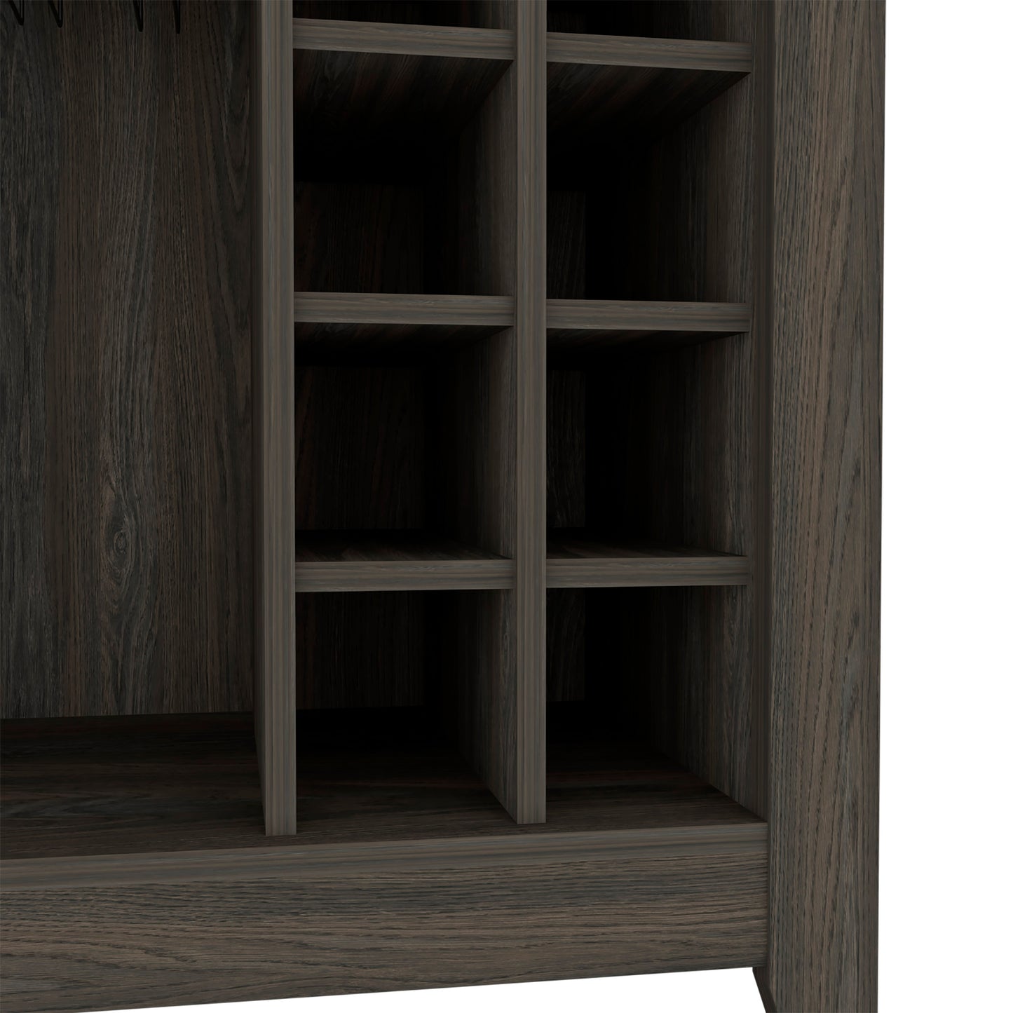 Dark oak wood wine cabinet with multiple cubbies for bottle storage