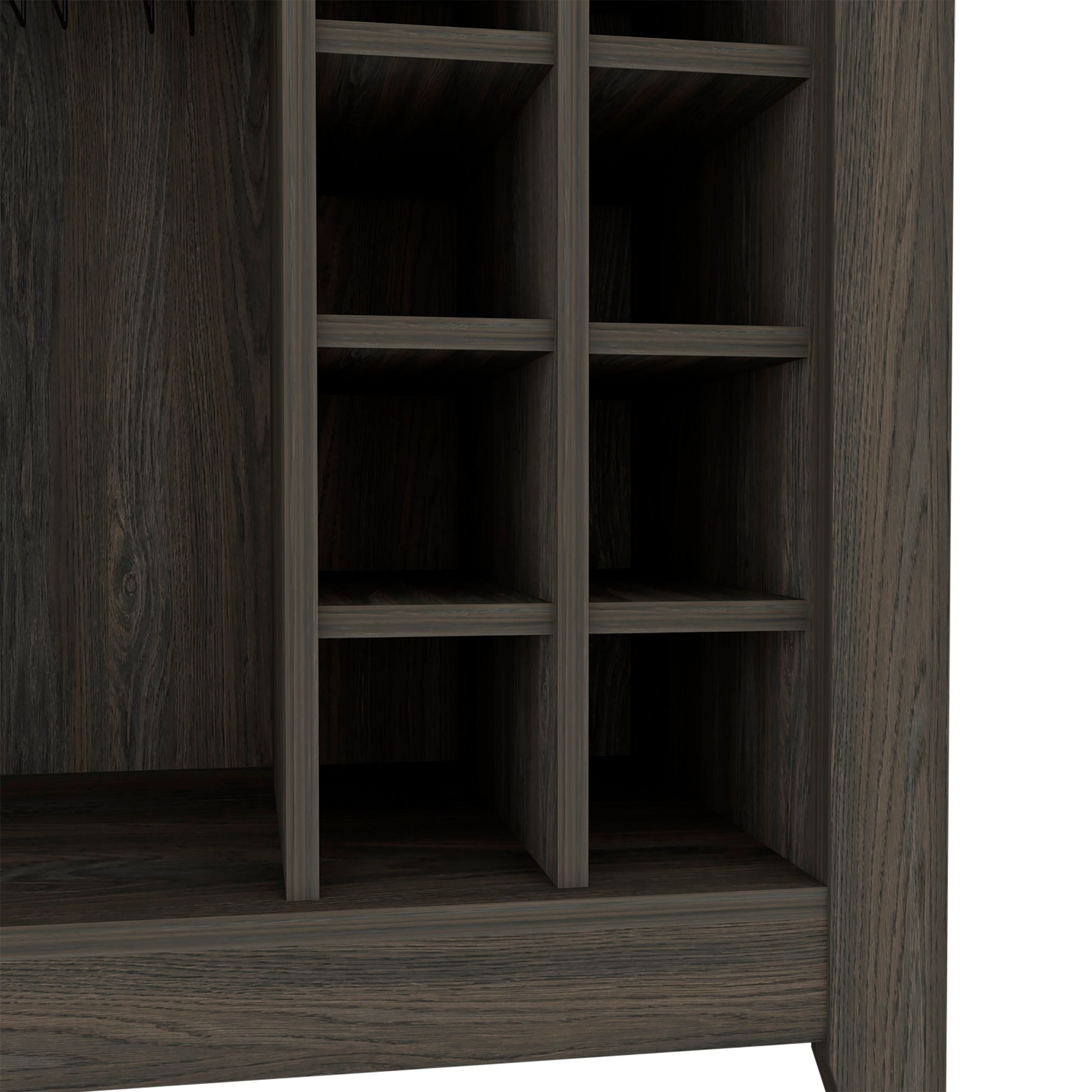 Dark oak wood wine cabinet with multiple cubbies for bottle storage