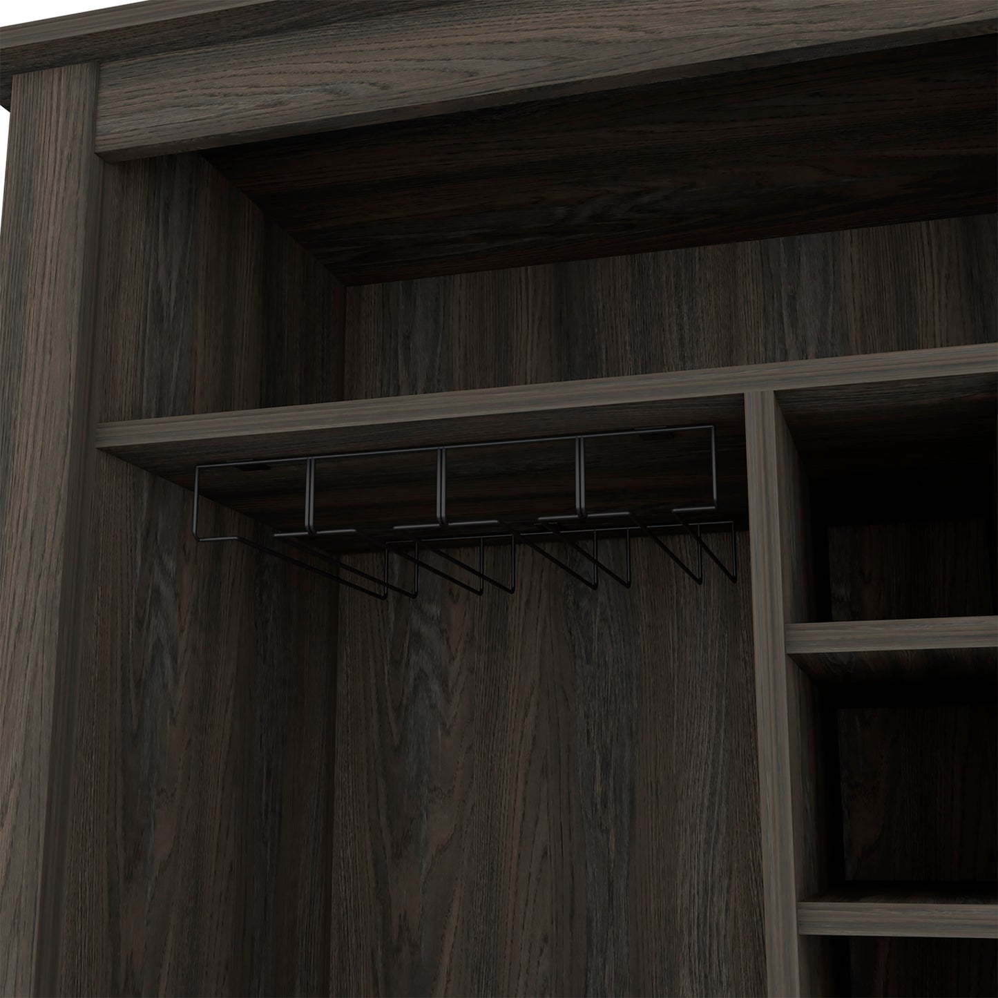Dark oak wine cabinet with builtin black metal glass rack