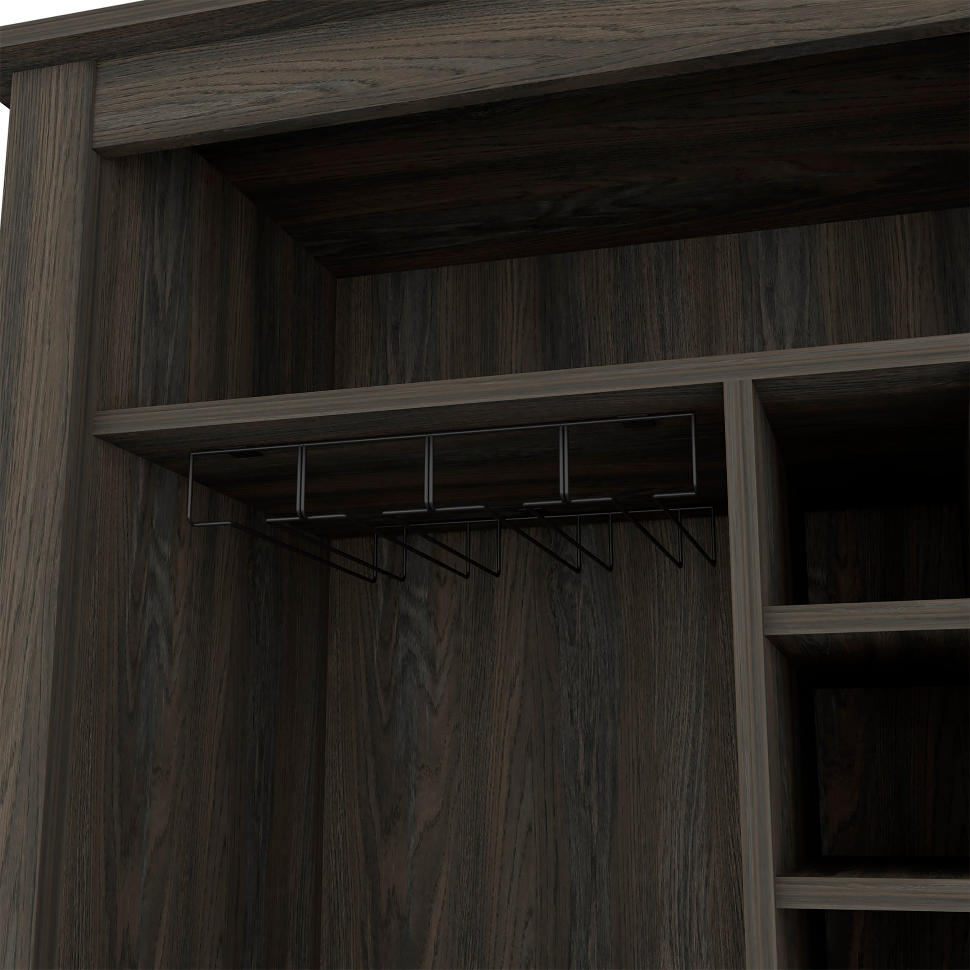 Dark oak wine cabinet with builtin black metal glass rack