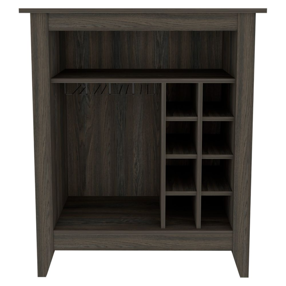 Dark oak bar cabinet with wine rack and glass hangers