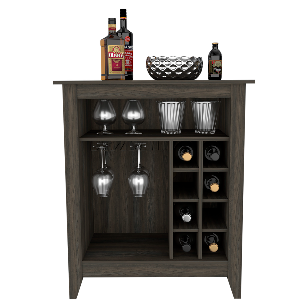 Dark wood bar cabinet with wine rack and glassware storage