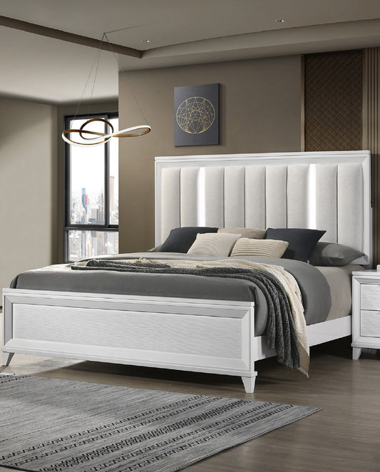 White upholstered platform bed with LED headboard lights and wood grain details