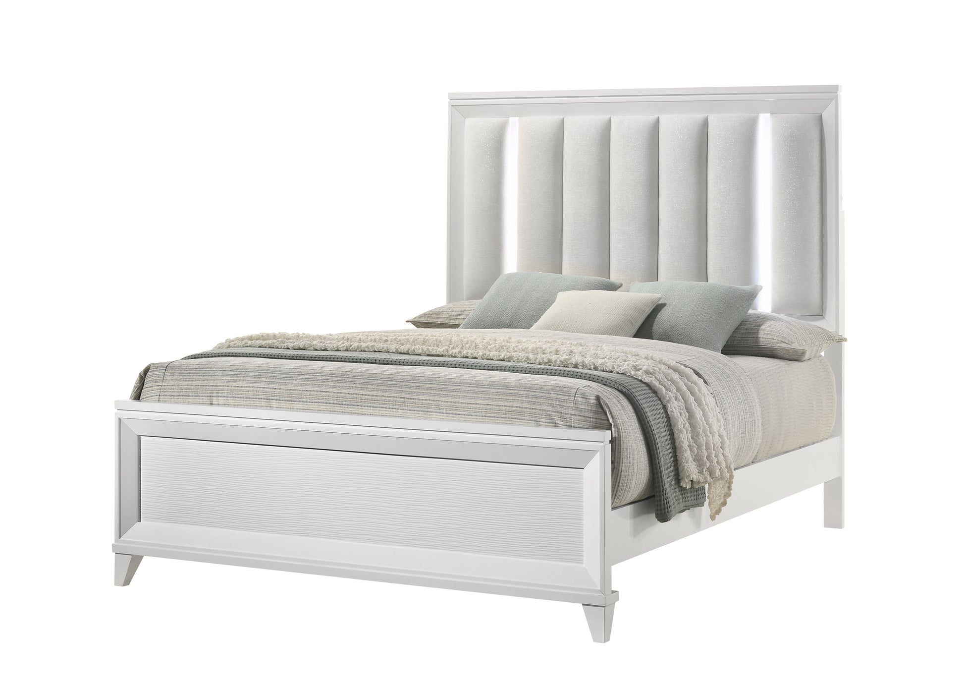 Modern white queen bed with upholstered headboard and textured footboard