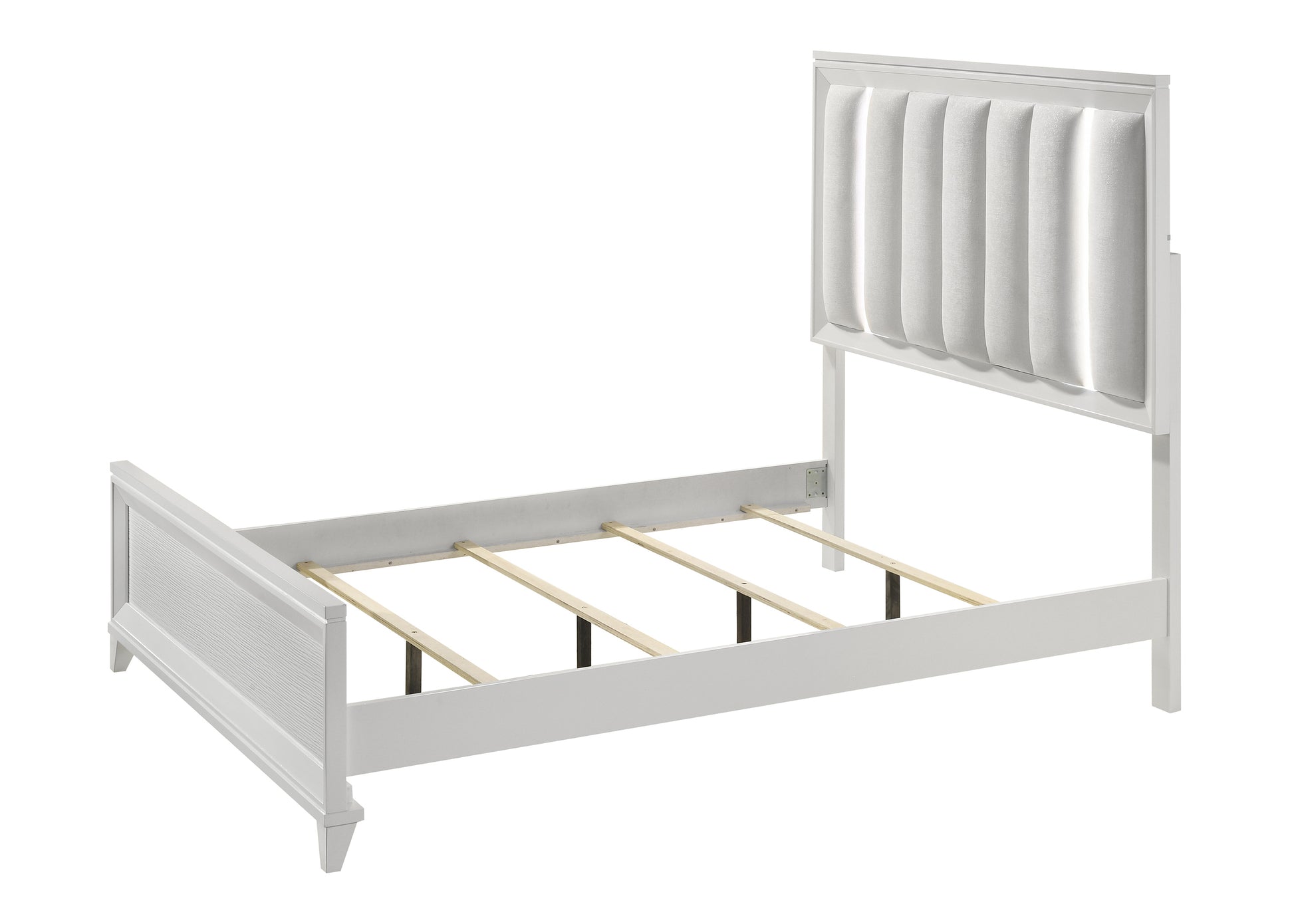 White upholstered panel headboard bed frame with grooved footboard