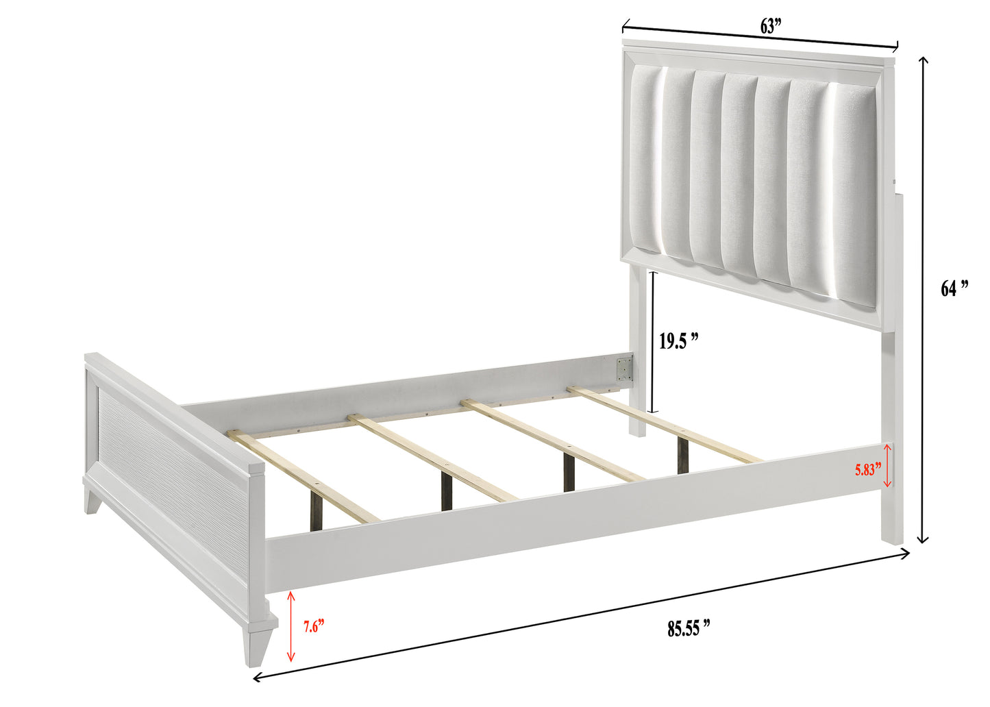 White upholstered twin bed frame with a fluted headboard and wood slats