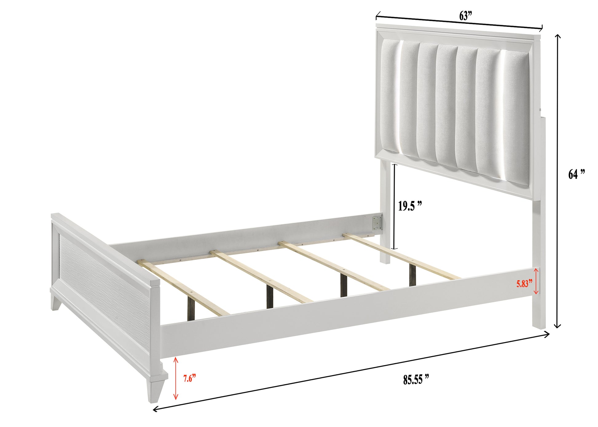 White upholstered twin bed frame with a fluted headboard and wood slats