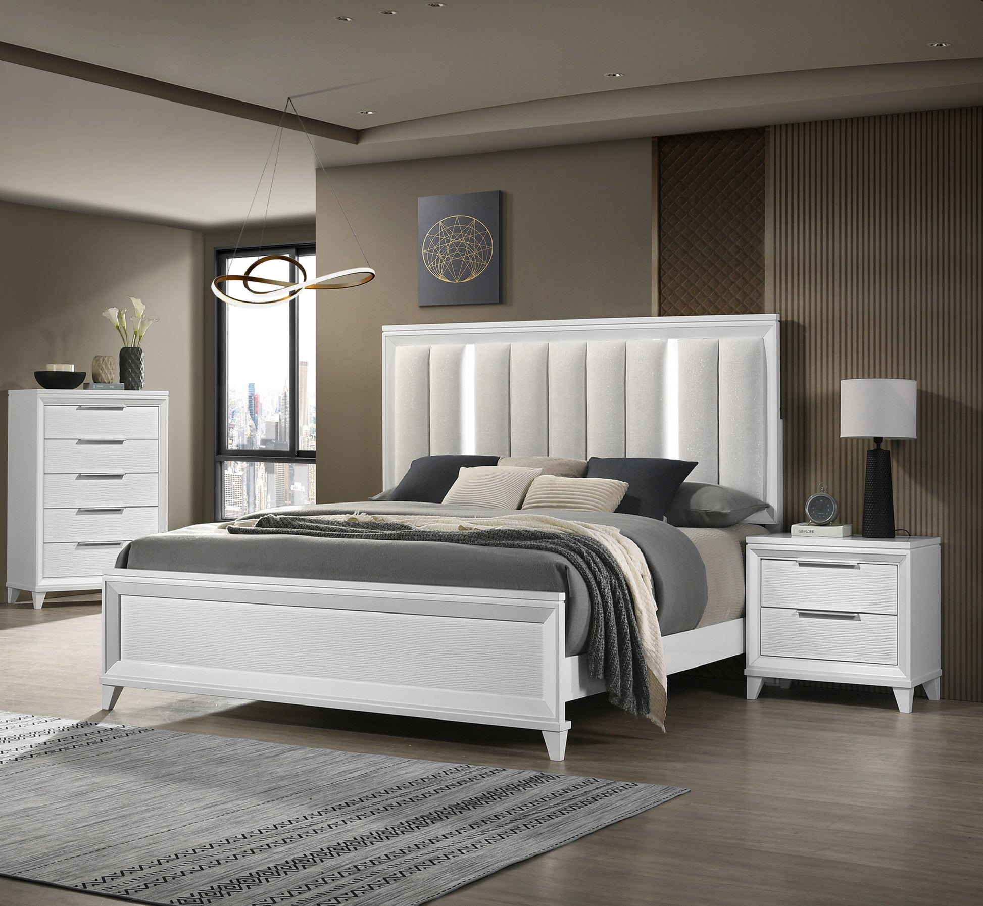 Modern white upholstered panel bed with clean lines and wooden accents