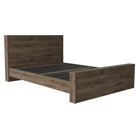 Modern dark wood platform bed frame with low profile headboard and footboard