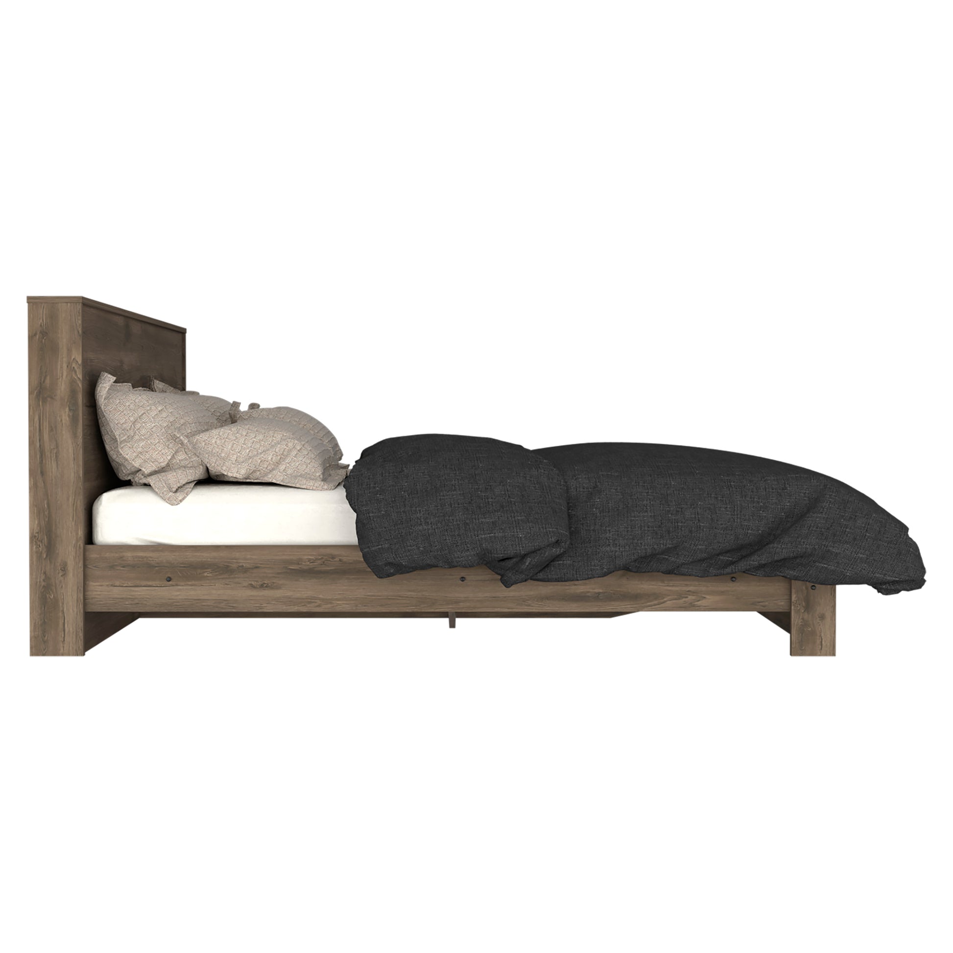 Rustic wooden platform bed with charcoal duvet and textured pillows