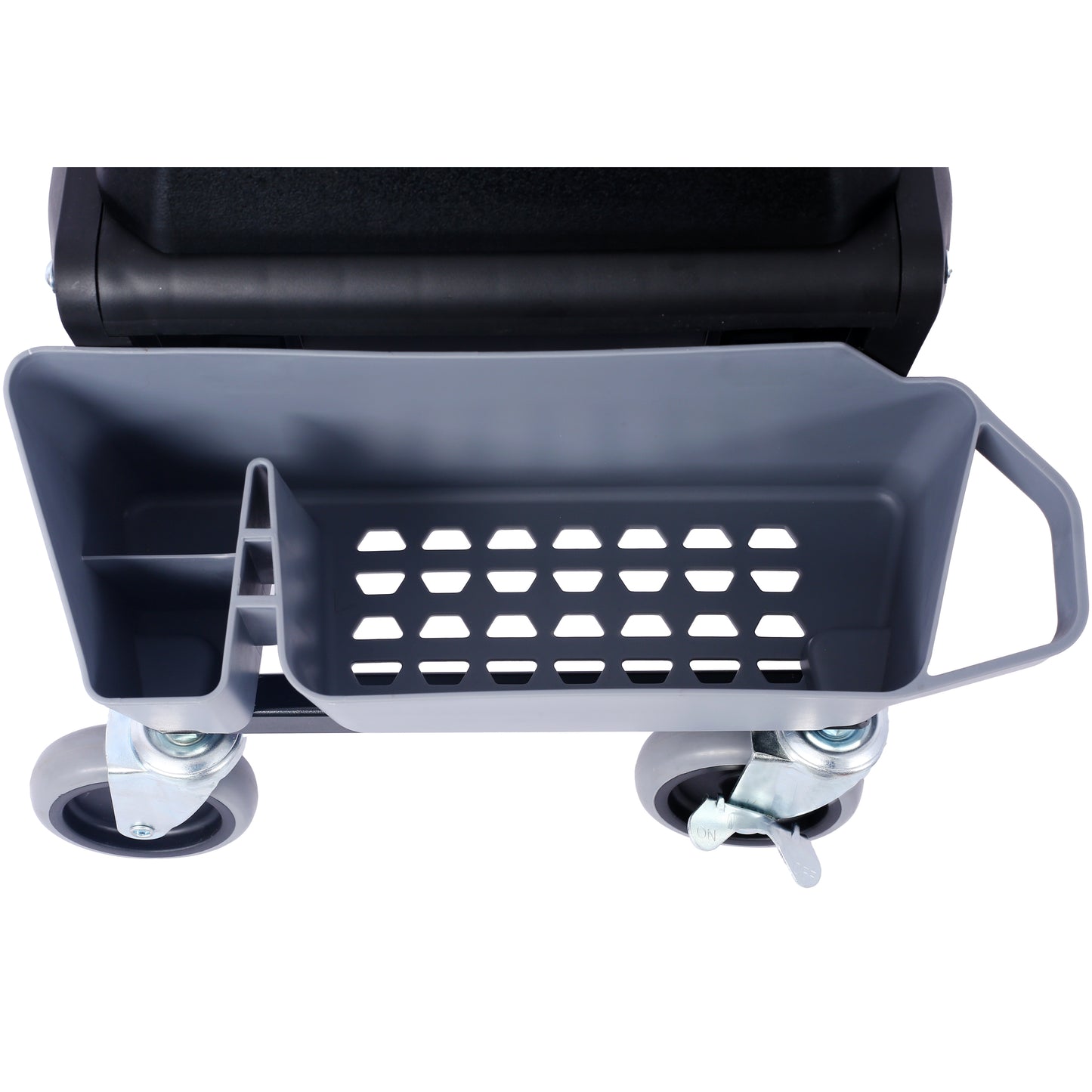 Gray plastic utility cart with swivel casters and a perforated side