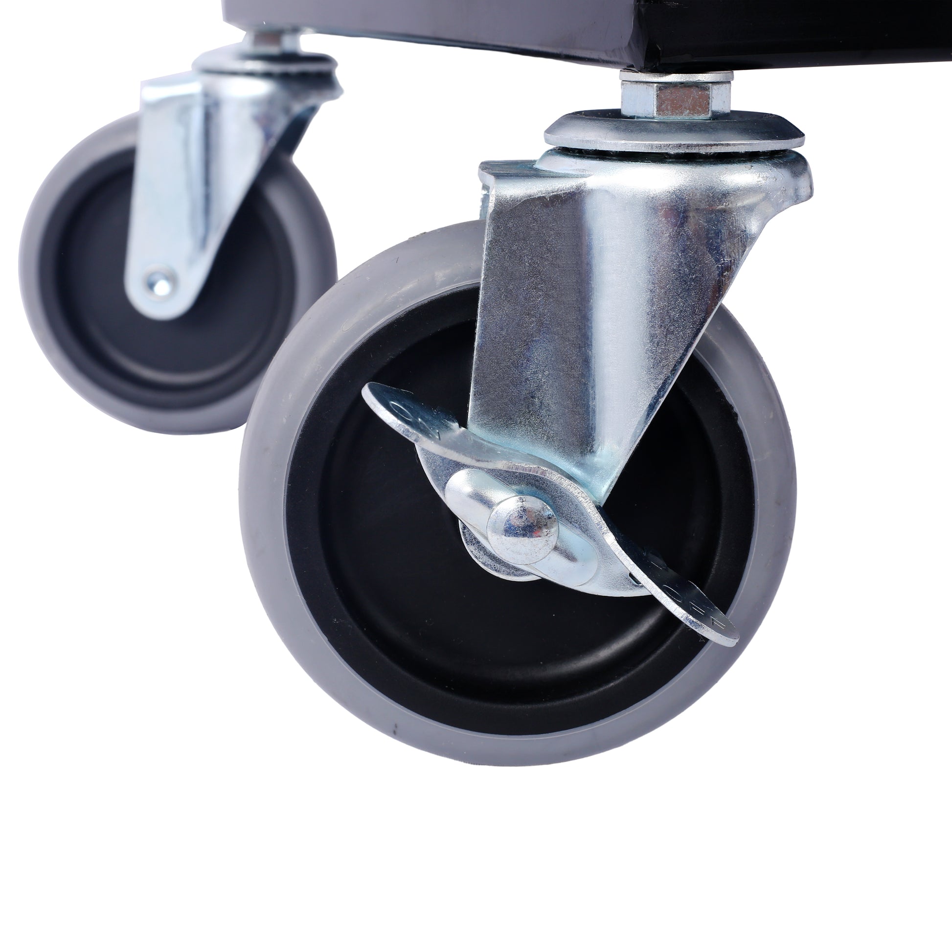 Swivel caster wheel with gray rubber tire and silver metal housing for mobility