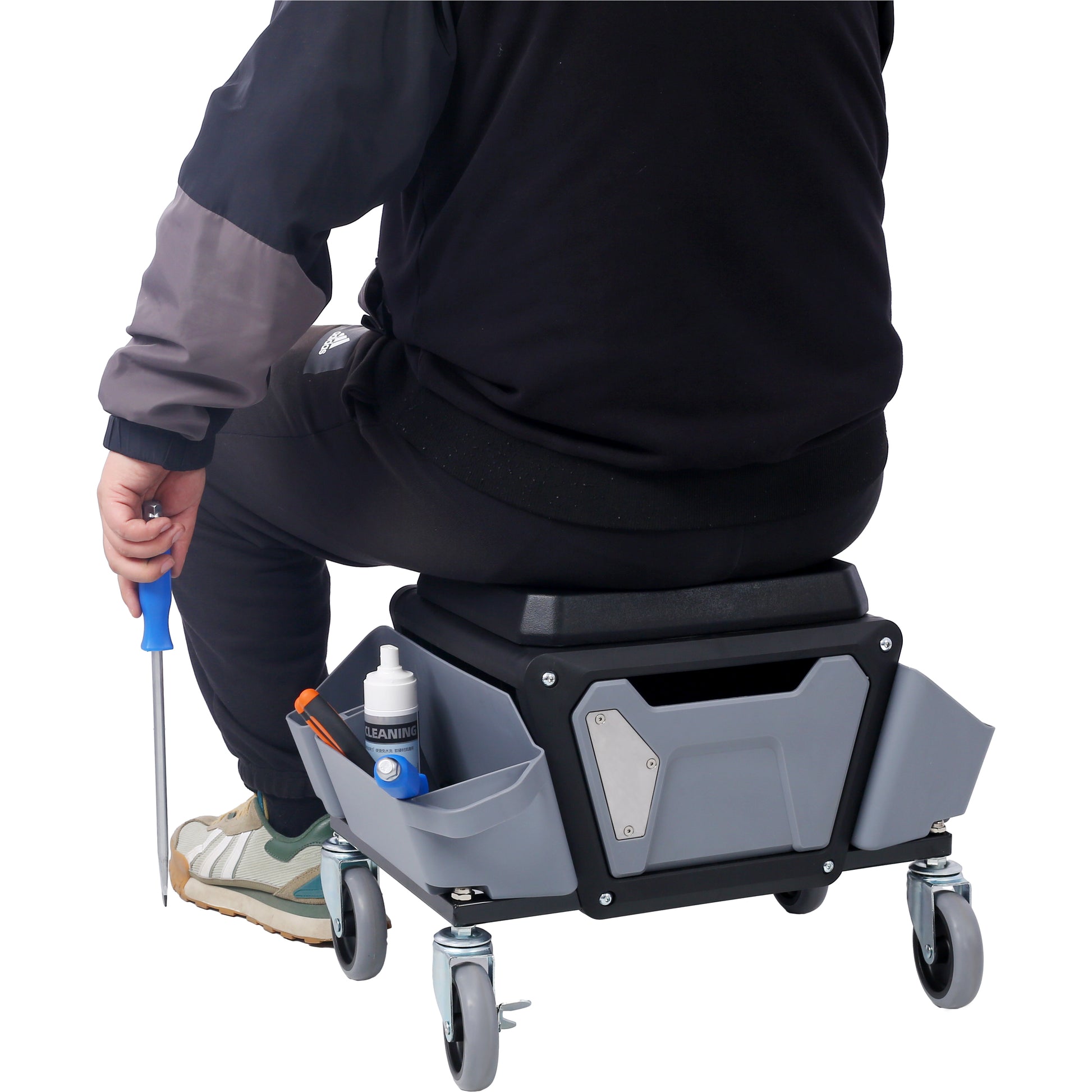Rolling mechanic stool with tool storage featuring grey bins and swivel casters