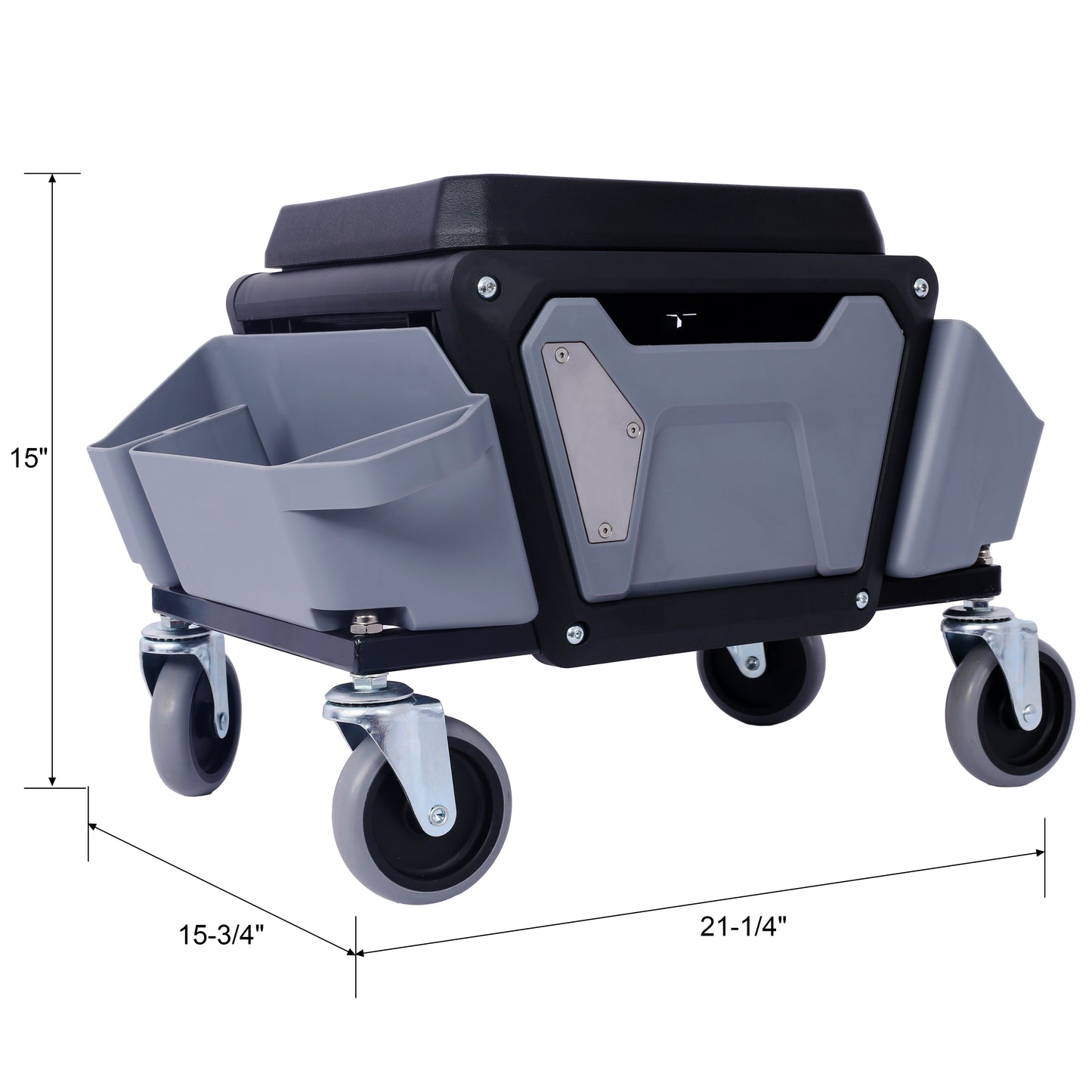 Black and gray mechanic creeper seat with integrated storage compartments and casters