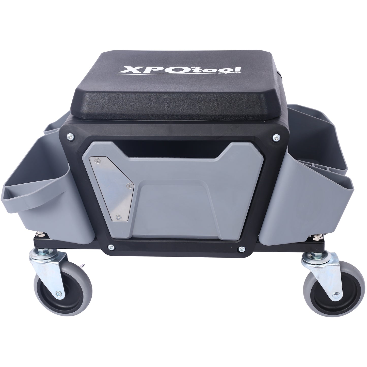 Rolling creeper seat with tool storage compartments and XPOtool logo