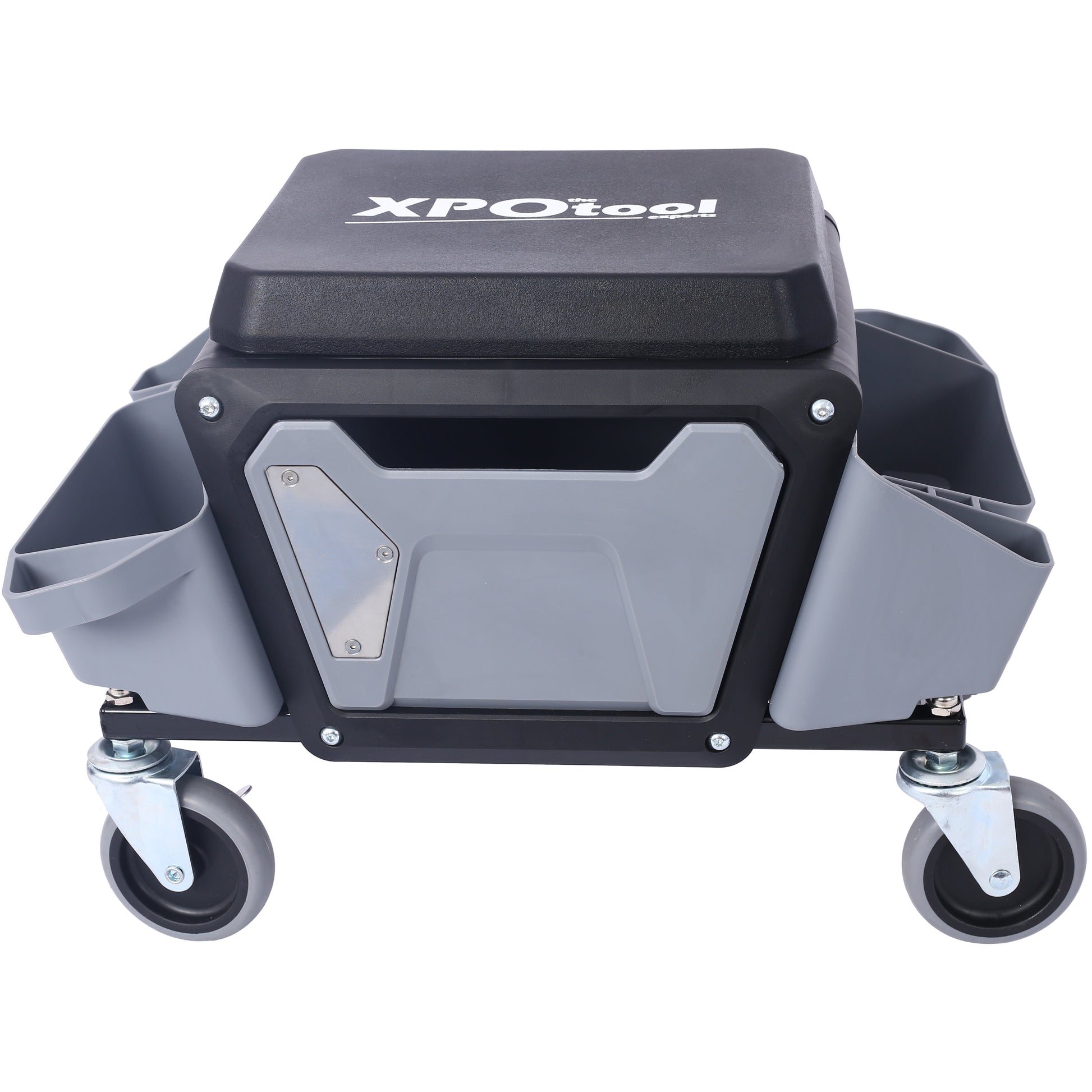 Rolling creeper seat with tool storage compartments and XPOtool logo