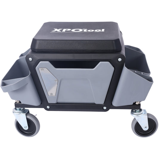 Rolling creeper seat with tool storage compartments and XPOtool logo