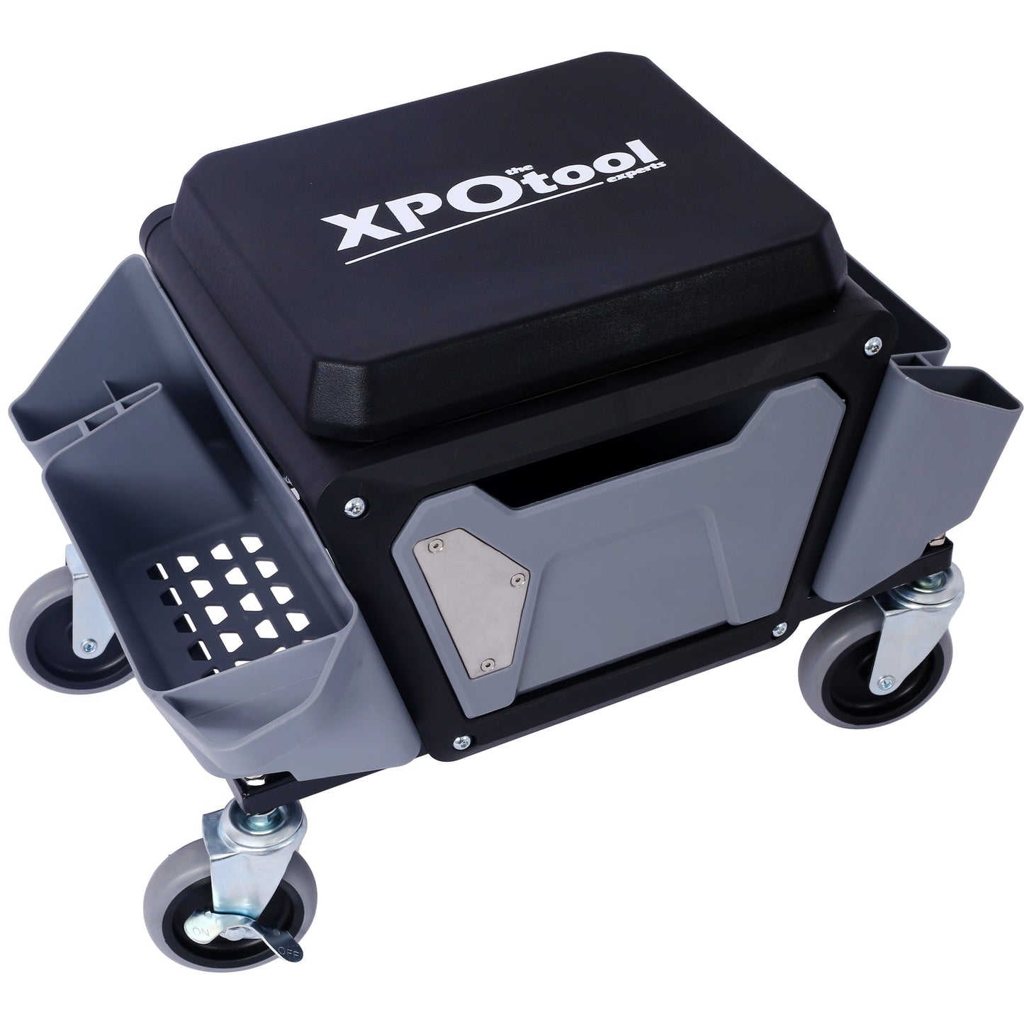 Black mechanic creeper seat with gray tool caddies and rolling wheels for automotive work