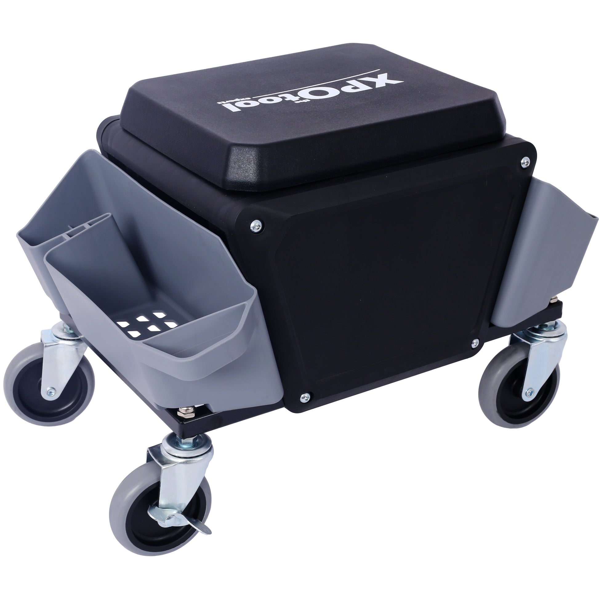Black rolling creeper seat with side storage trays and silver caster wheels