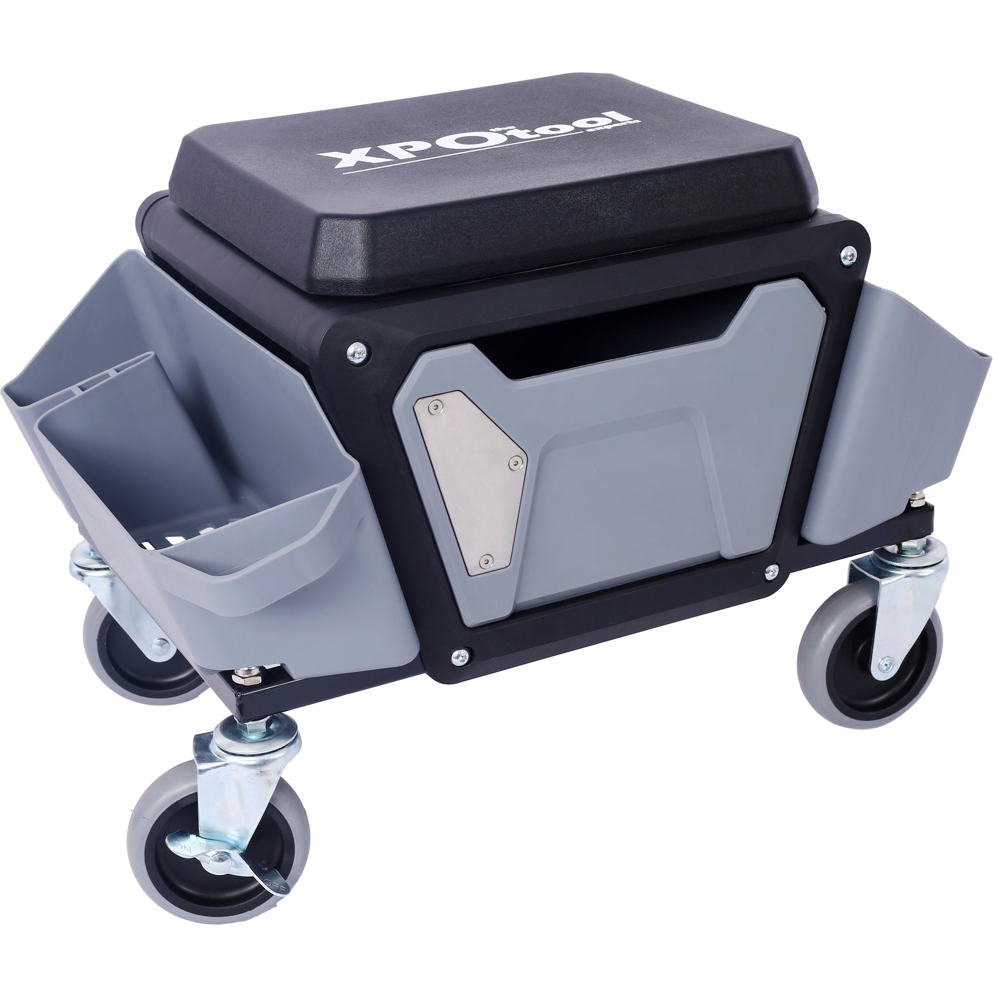 Black and gray rolling mechanic stool with side storage trays