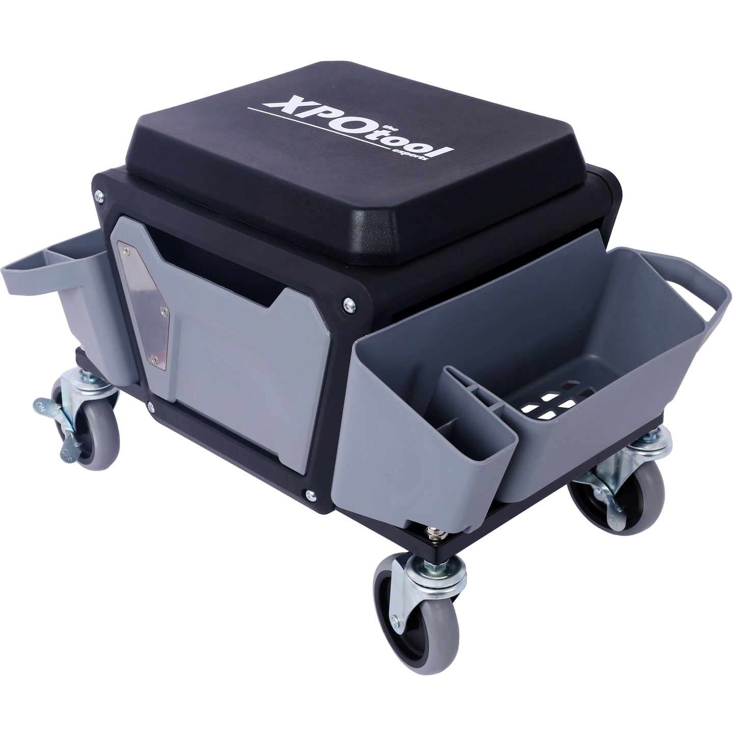 Black and grey rolling creeper seat with side tool caddies