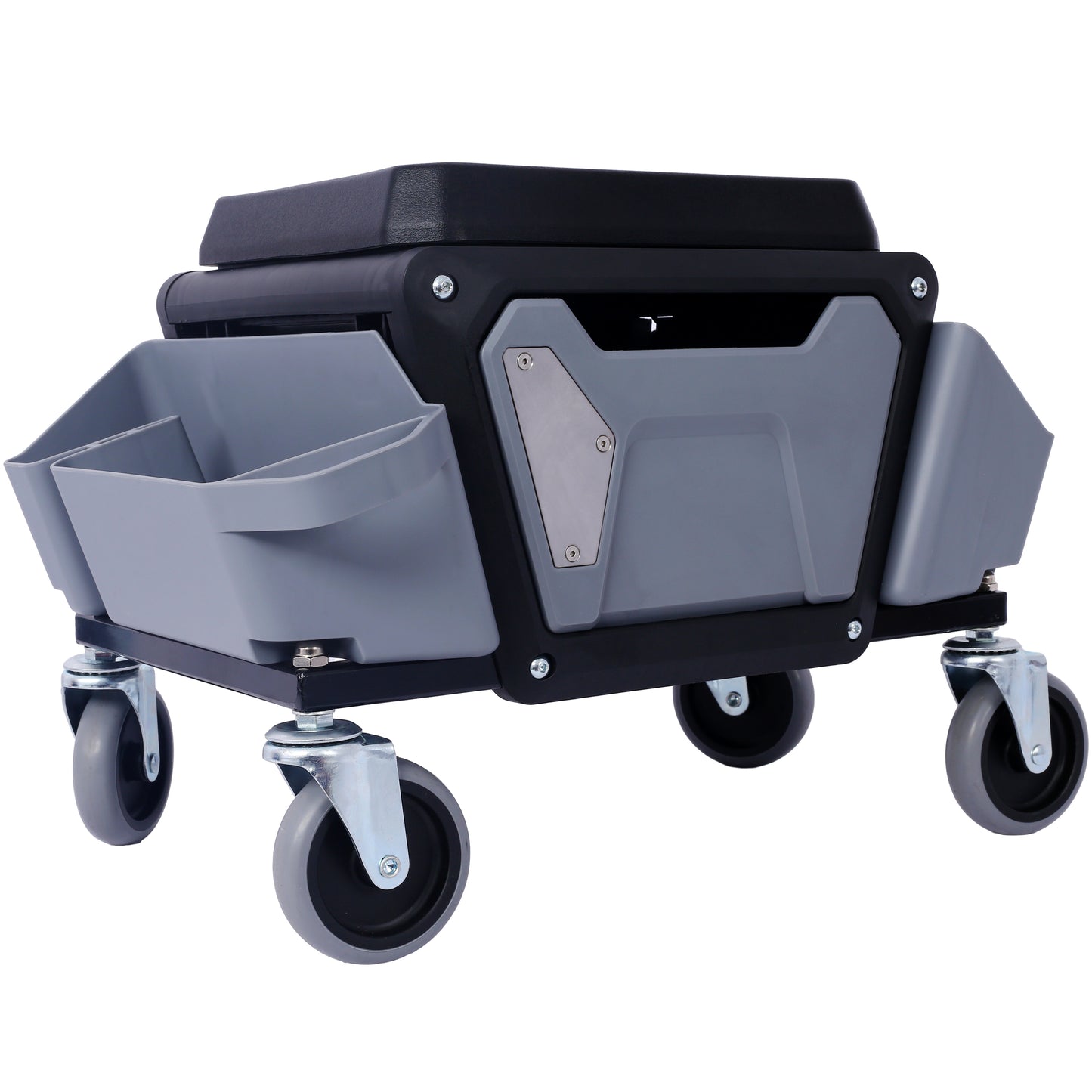 Black and gray rolling mechanic stool with tool organizers and swivel wheels