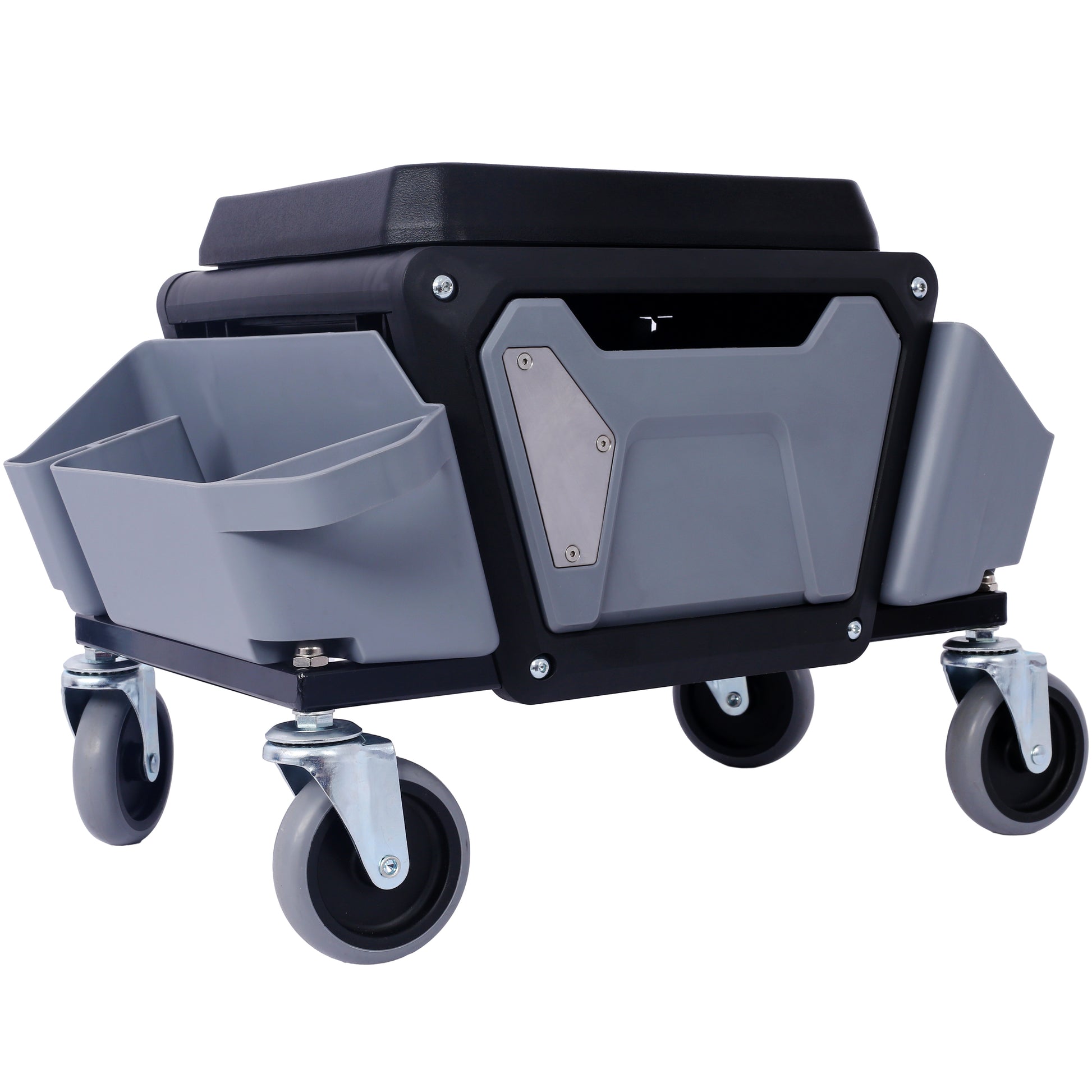Black and gray rolling mechanic stool with tool organizers and swivel wheels