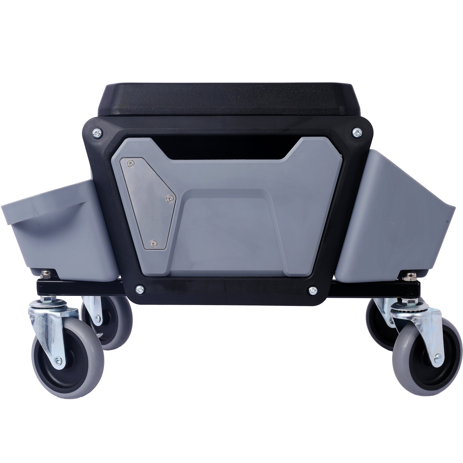 Black and gray rolling mechanic creeper seat with storage compartments