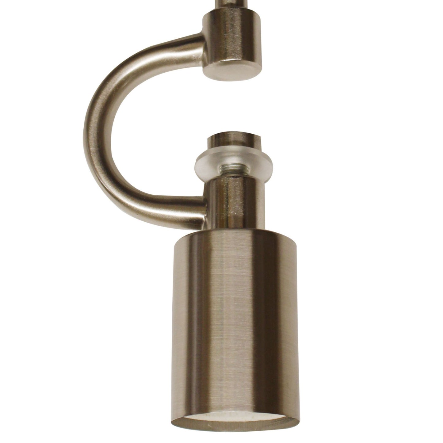 Brushed nickel lamp finial with a curved arm and clear acrylic accent