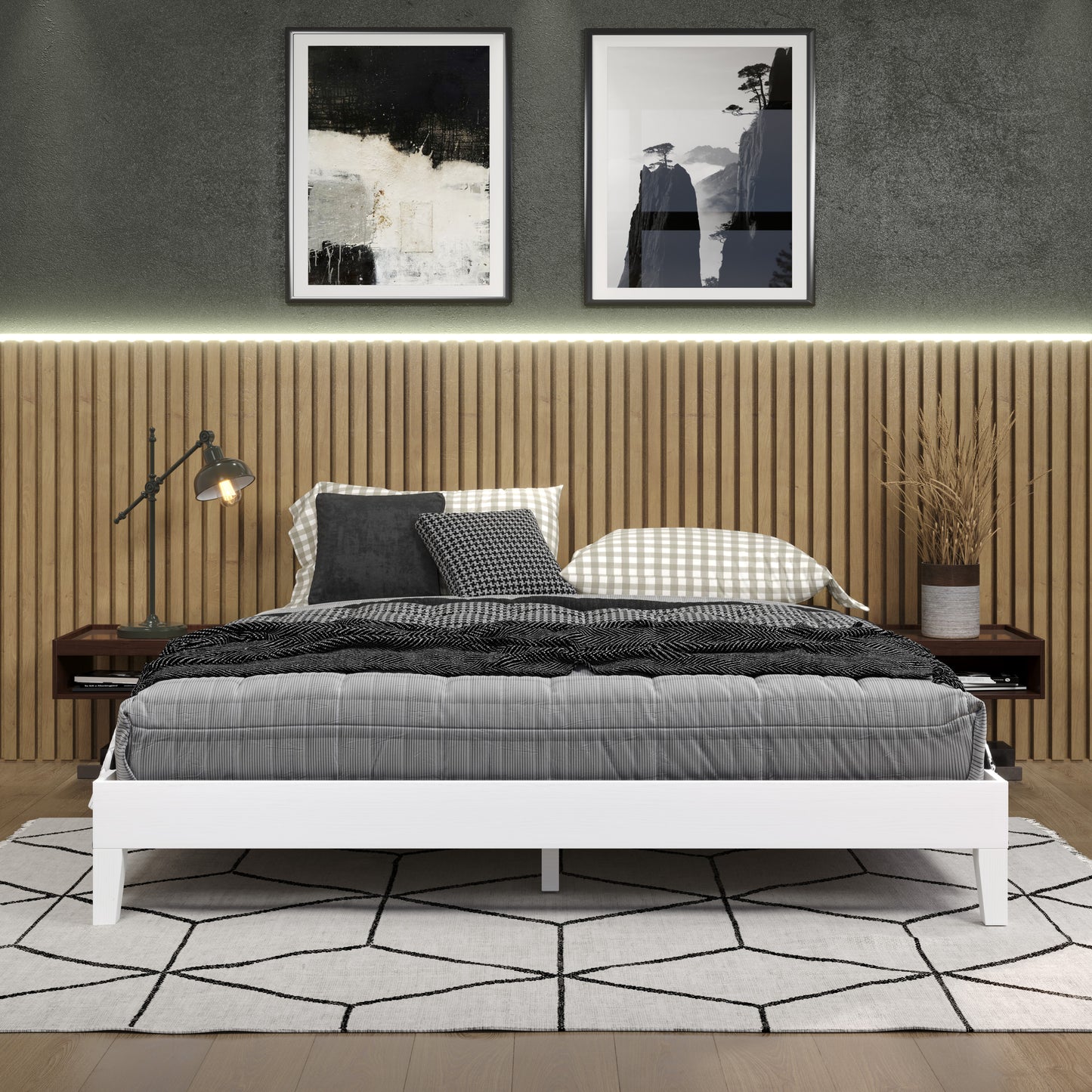 TREATLIFE HOME Solid Pine Bed with 28-Slat Dual-Zone Support and Under Bed Clearance, White Finish