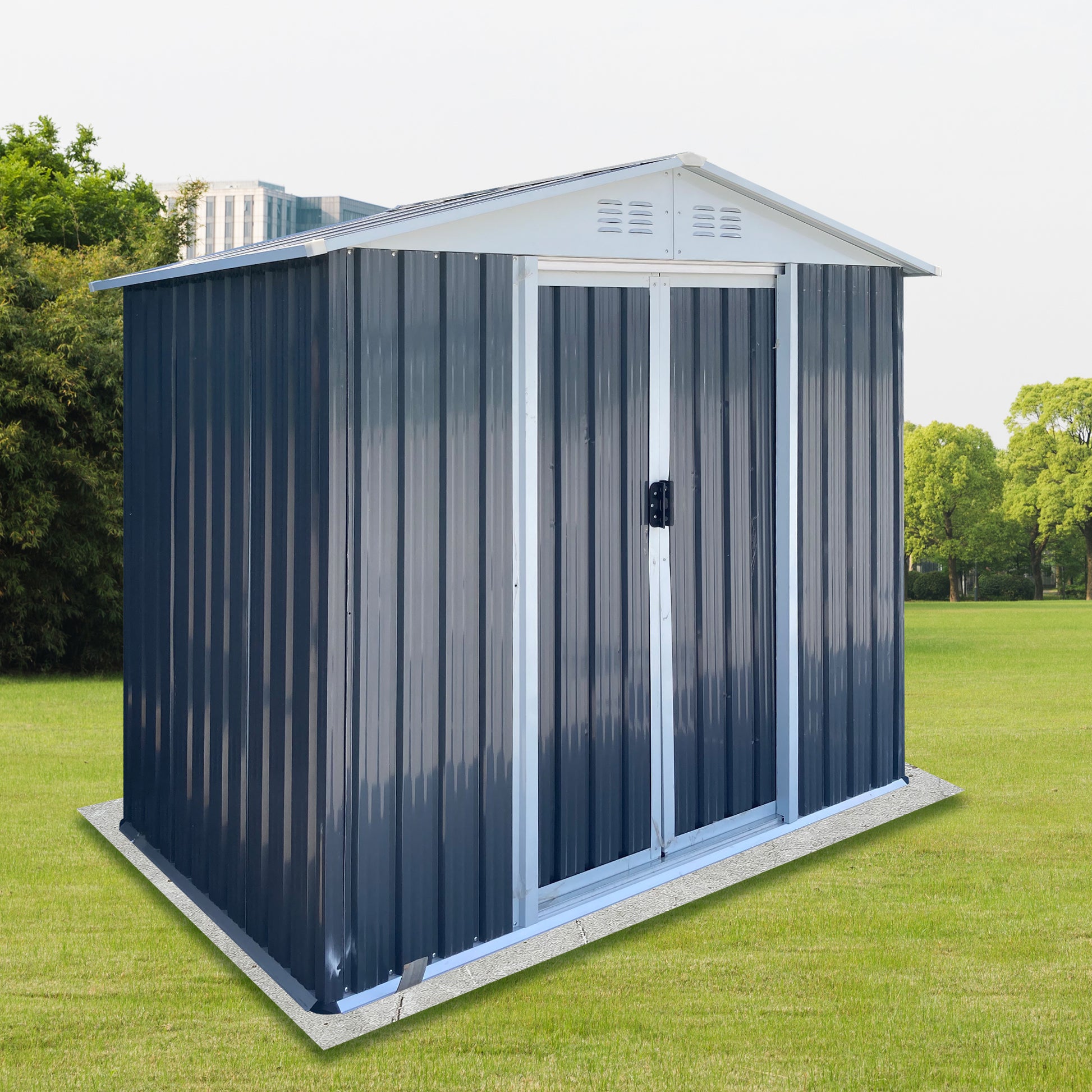 Dark grey metal garden shed with double doors perfect for outdoor storage