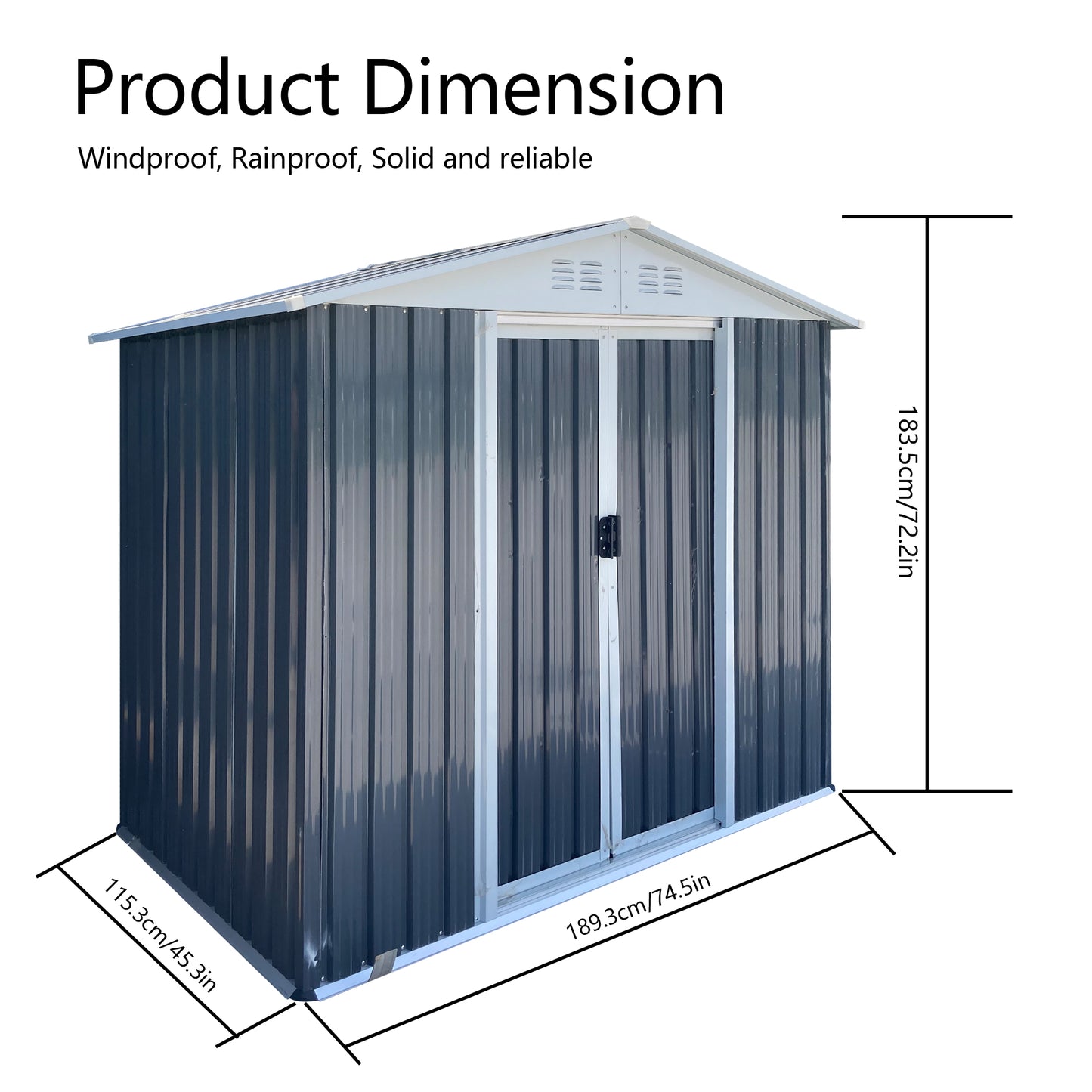 Dark gray metal garden shed with double doors and roof vents cm long