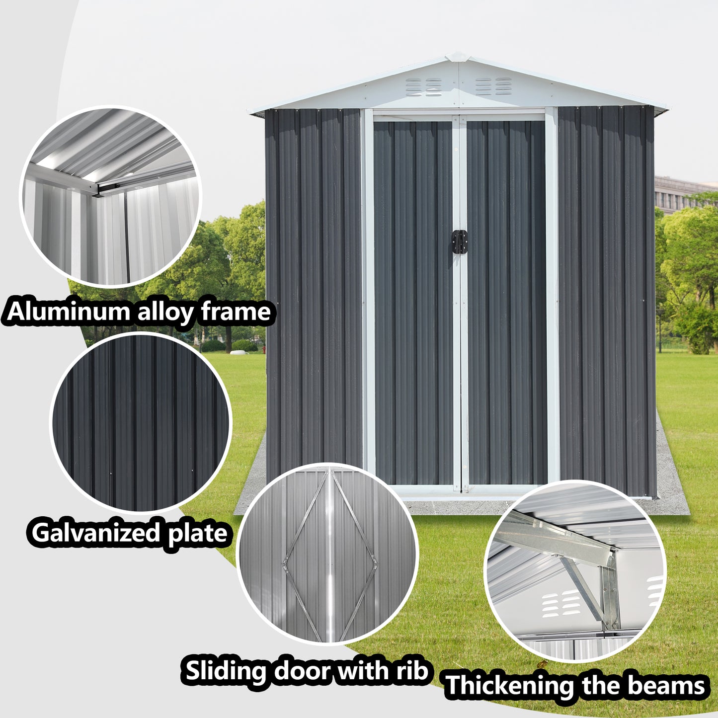 Dark grey galvanized plate storage shed with aluminum alloy frame and sliding doors