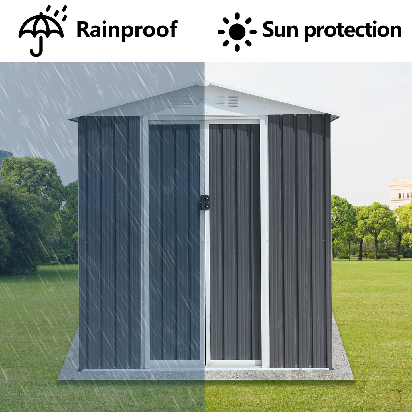 Dark gray metal garden shed with double sliding doors rainproof and sun protection
