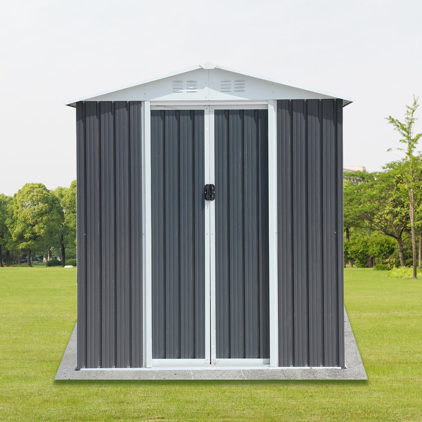Dark gray metal garden shed with double doors and white trim