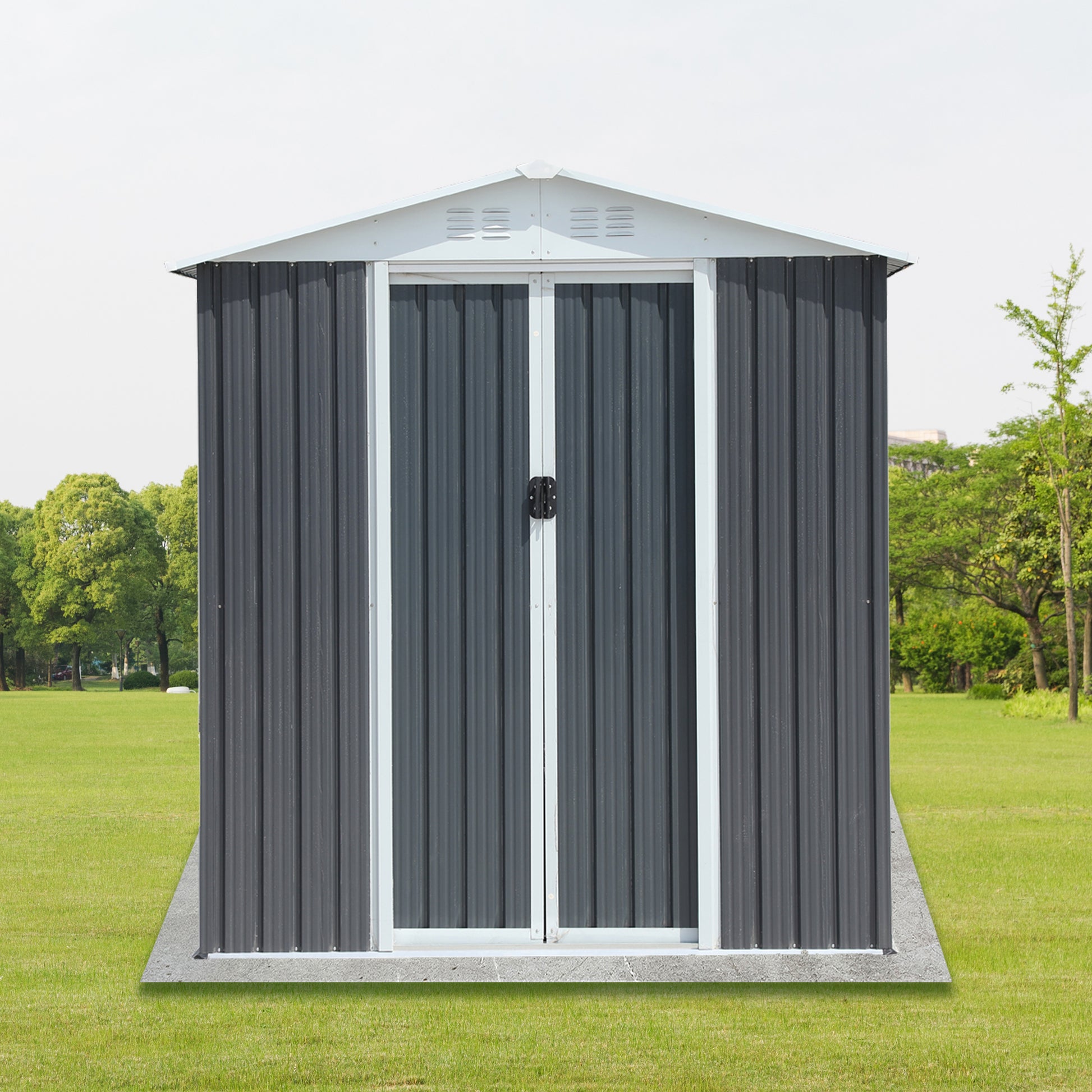 Dark gray metal garden shed with double doors and white trim