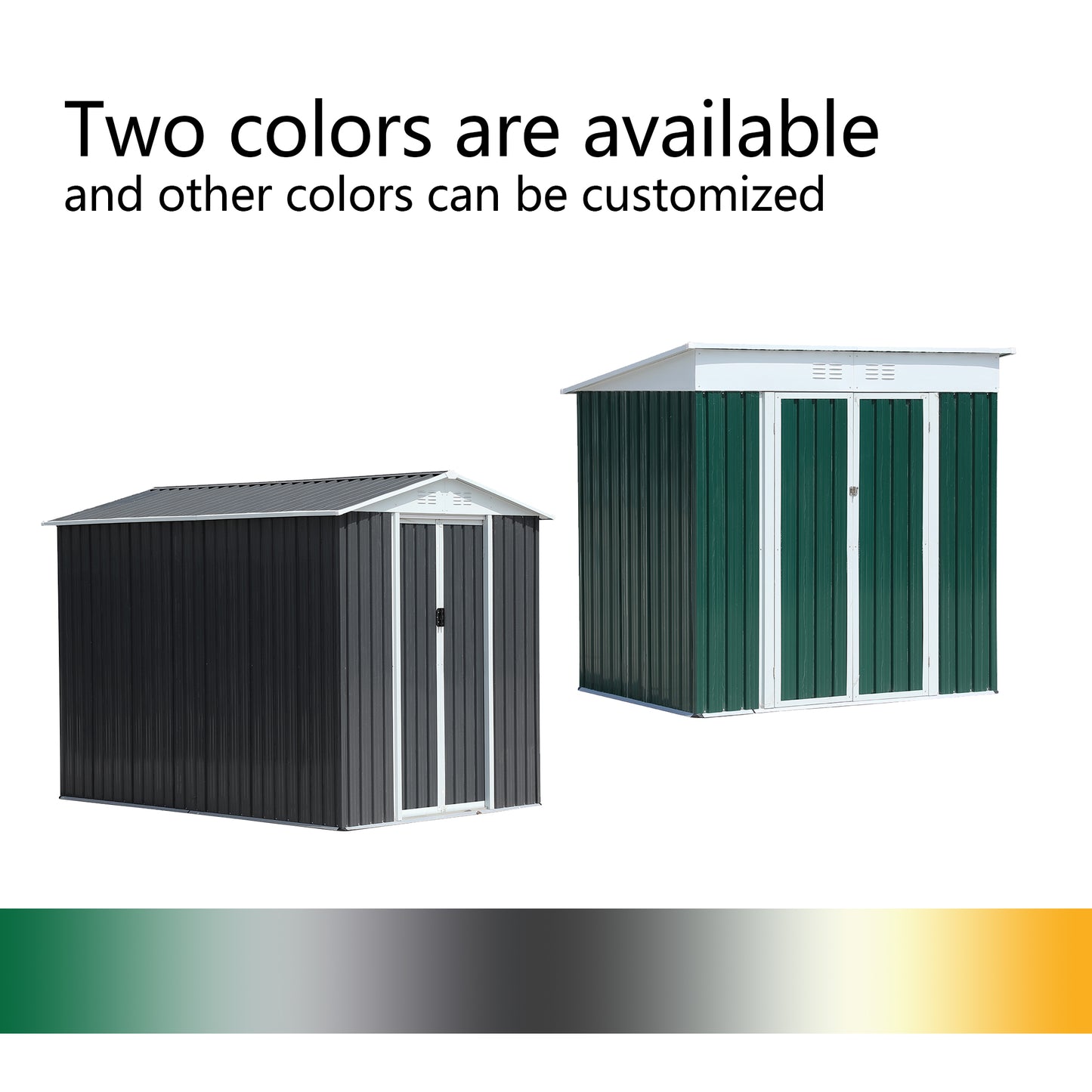 Dark grey metal garden shed with white trim and double doors