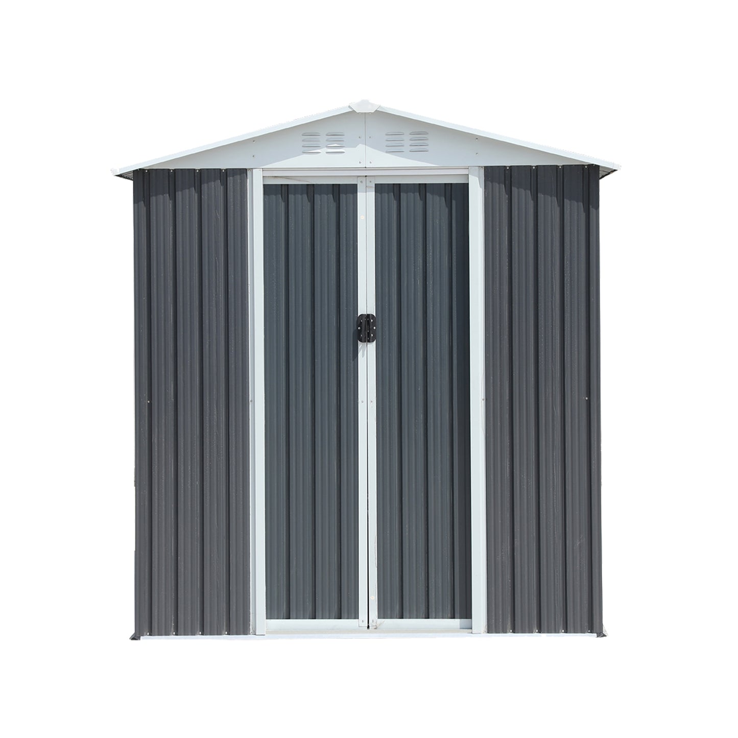 Dark grey metal garden shed with white trim and double doors