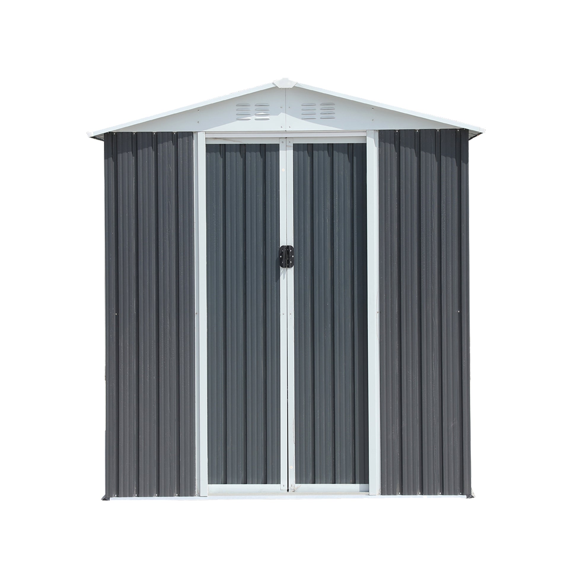 Dark grey metal garden shed with white trim and double doors