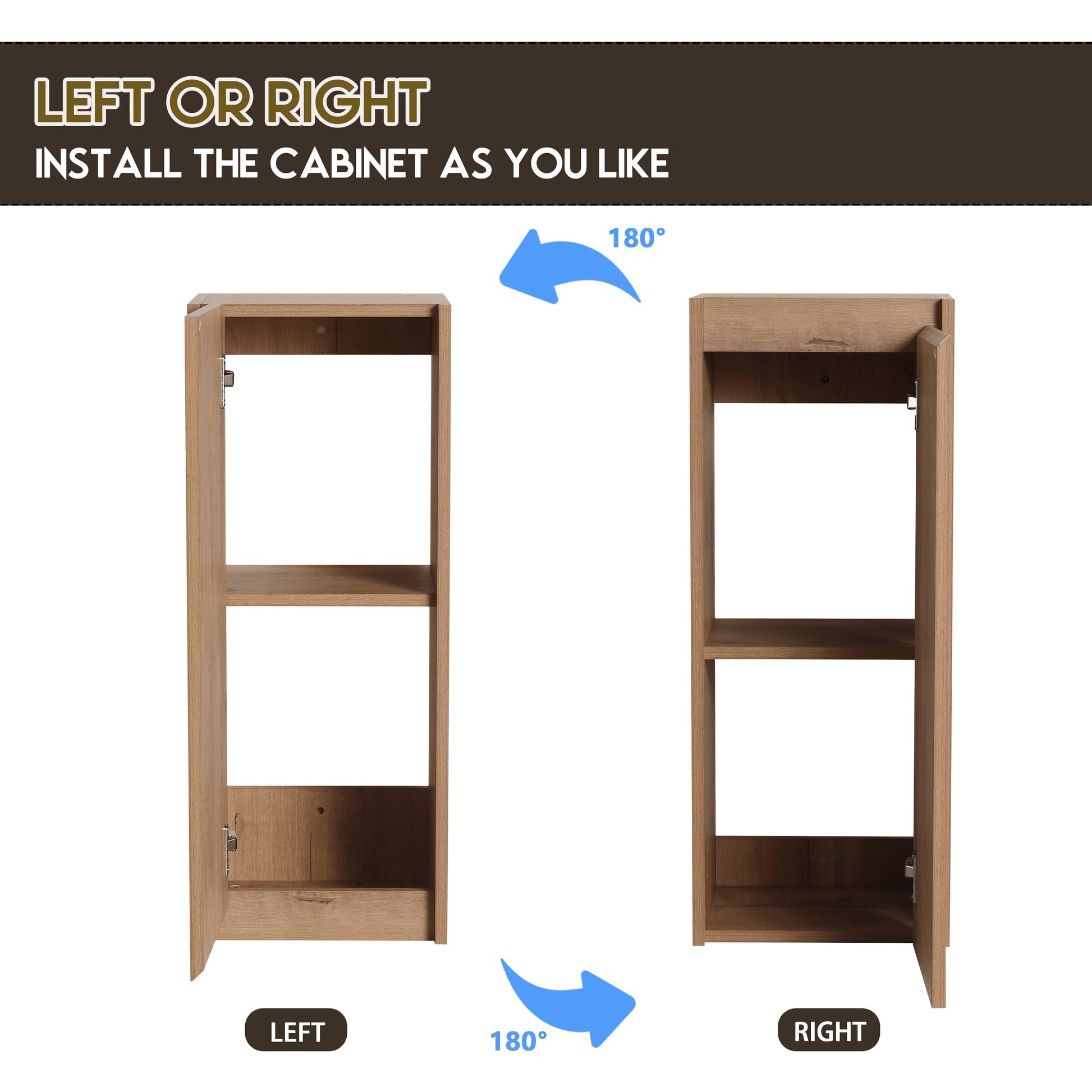 Light oak tall cabinet with two shelves shown open to display adjustable installation options
