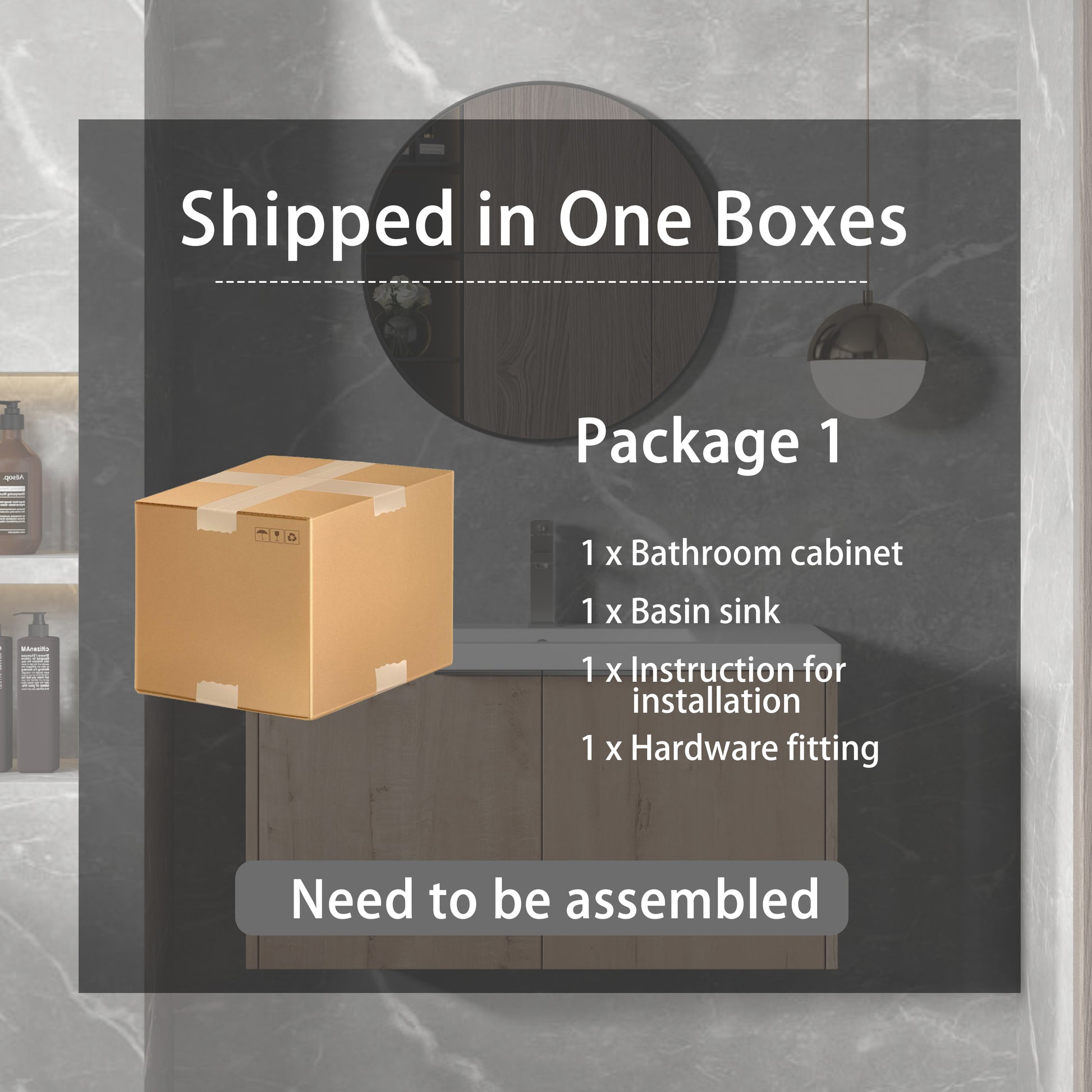 Cardboard box containing disassembled modern bathroom vanity with basin hardware and instructions