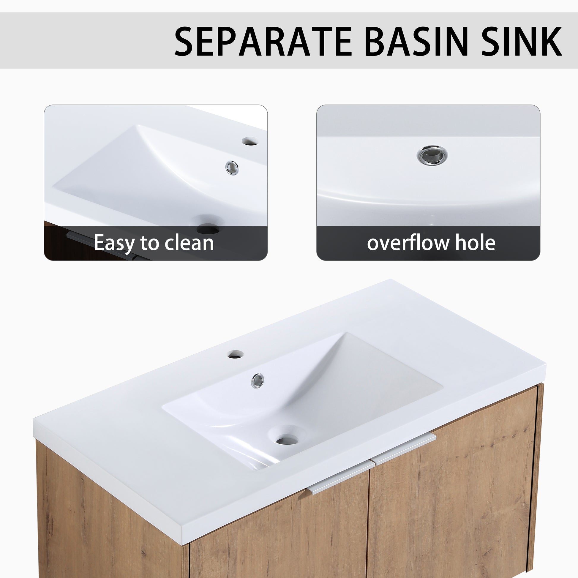 White ceramic basin sink with smooth easytoclean surface and a modern wood vanity cabinet