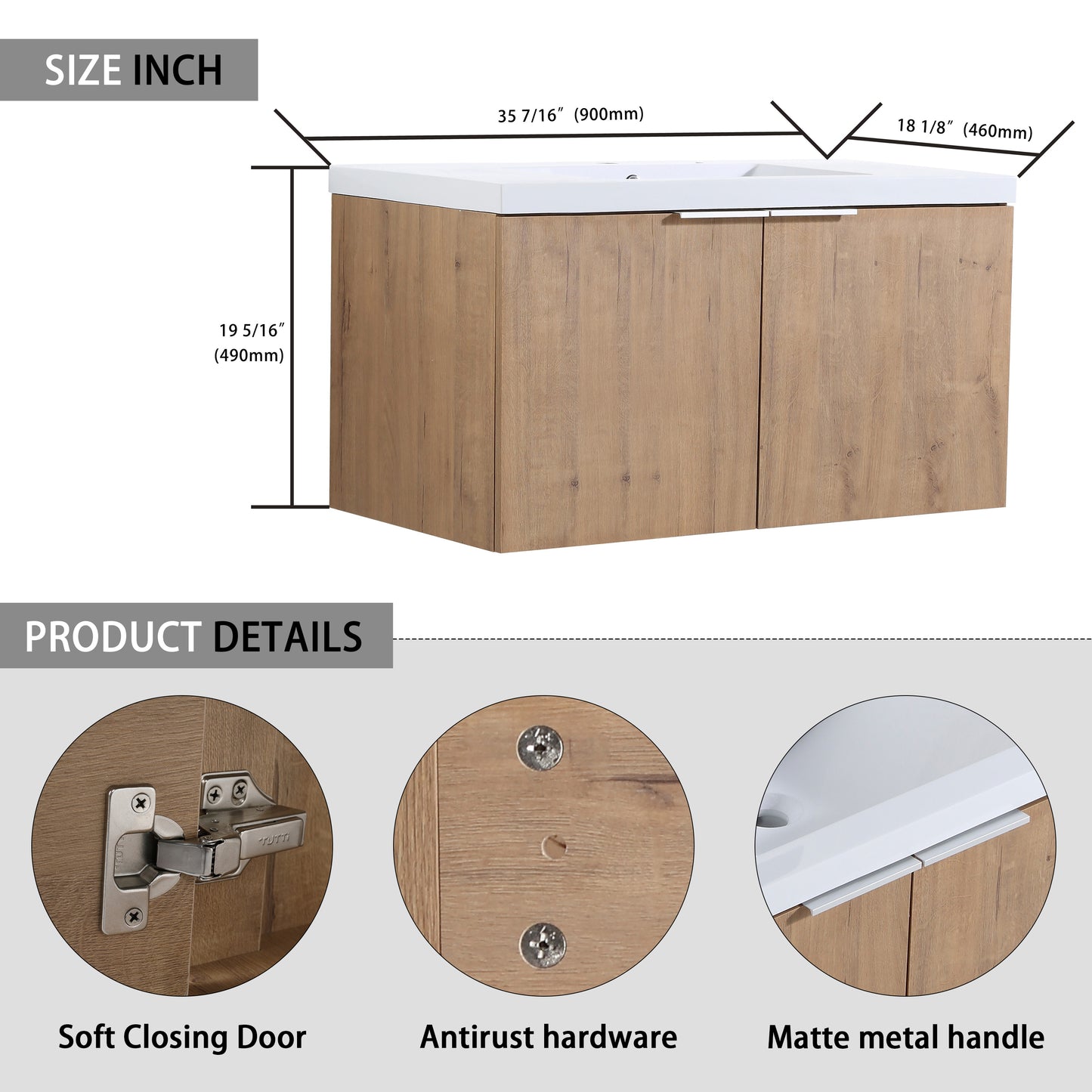 Bathroom vanity with white countertop and woodgrain finish cabinet doors  inches wide